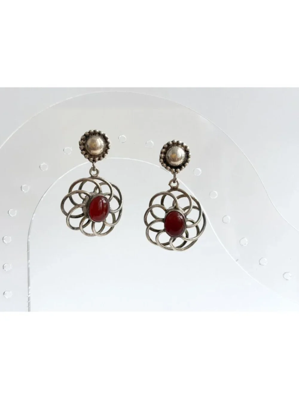 Carnelian Accented Scalloped Vintage Sterling Silver 925 Drop Southwest Earrings